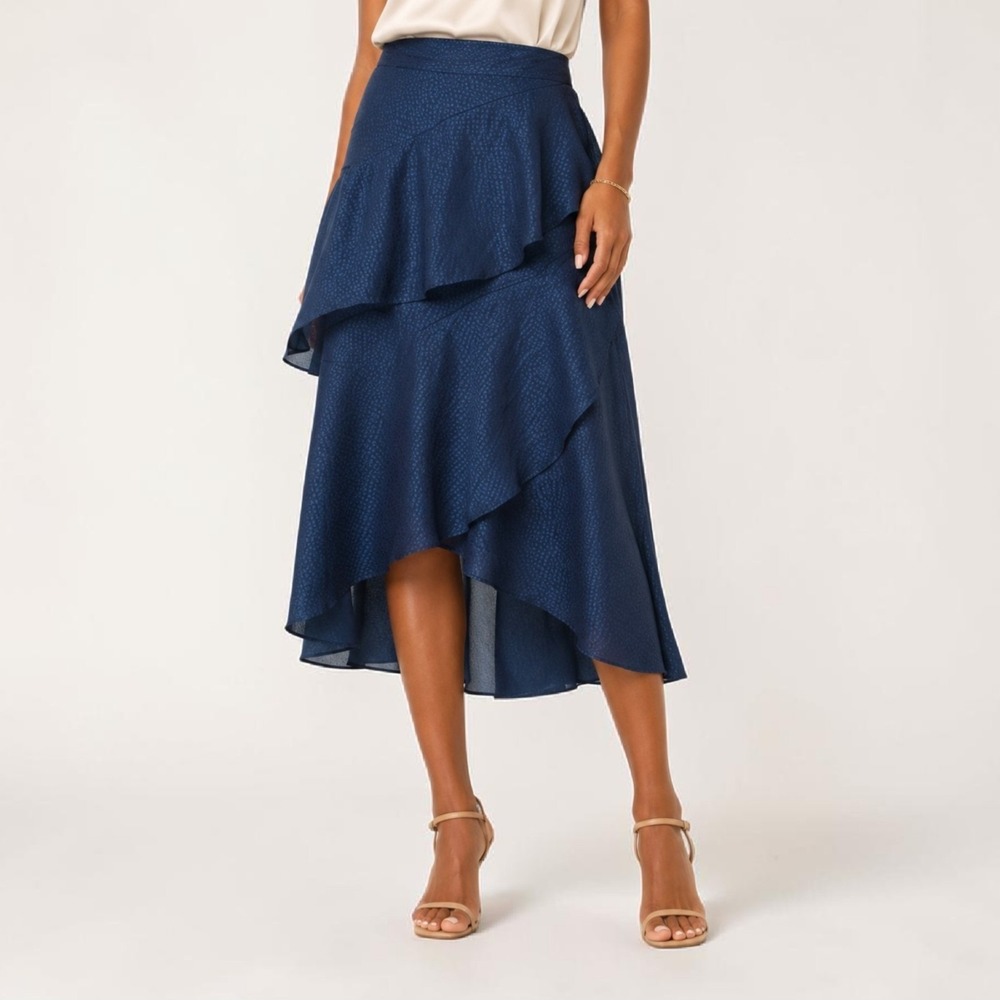 MISA LA Skirt XS Blue Midi Side Zip Flowy High Low Ruffles Dot Print Odette New